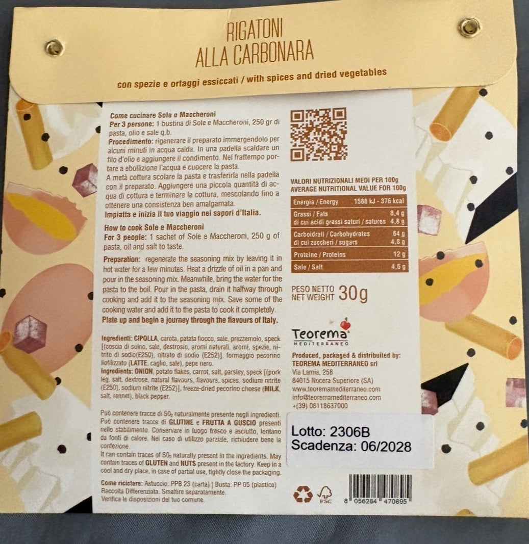 Mix Condimente pentru Paste - Rigatoni alla Carbonara, 30g