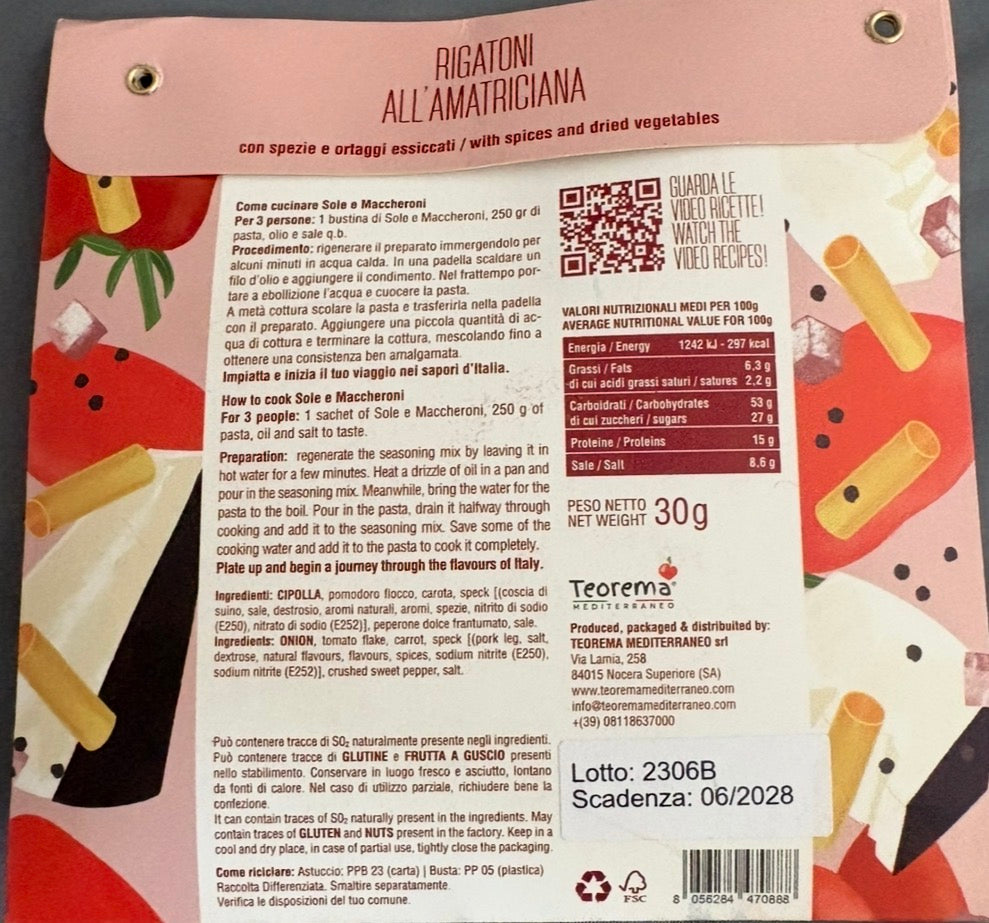 Mix Condimente pentru Paste - Rigatoni all'Amatriciana, 30g
