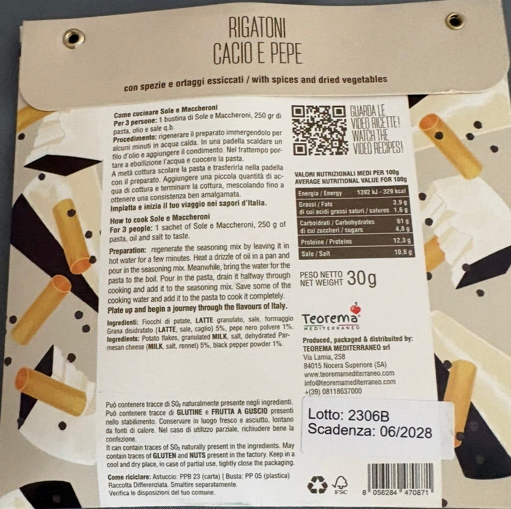 Mix Condimente pentru Paste - Rigatoni Cacio e Pepe, 30g